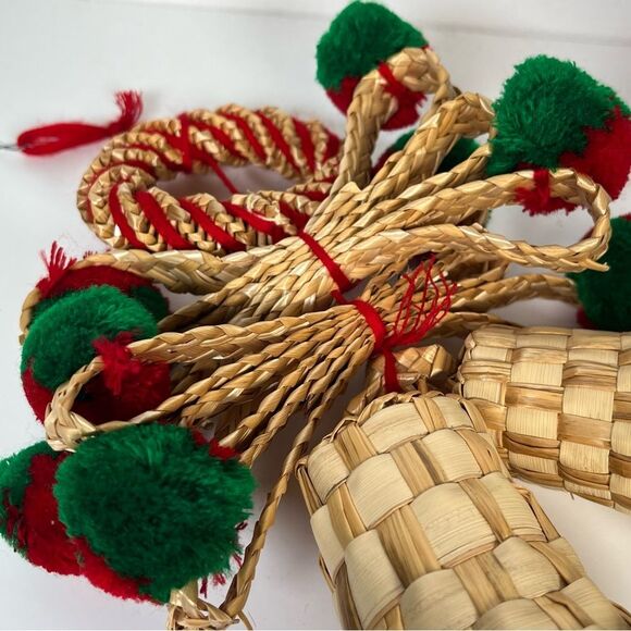 Vintage Straw Rattan Wicker Woven Hanging Basket Bells Christmas Decor Boho MCM - Picture 10 of 12